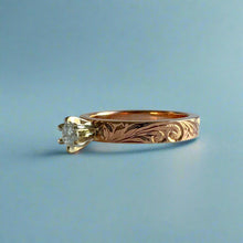 Load image into Gallery viewer, Kaimana Kula Old English & Hibiscus 3mm Solitaire Ring with Diamond in 14K Pink Gold in size 4 3/4