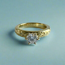 Load image into Gallery viewer, Kaimana Kula Plumeria & Hibiscus with Leaves 3mm Solitaire Ring with Cubic Zirconia in 14K Green Gold in size 4