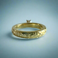 Load image into Gallery viewer, Kaimana Kula Plumeria & Hibiscus with Leaves 3mm Solitaire Ring with Cubic Zirconia in 14K Green Gold in size 4