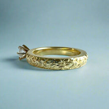 Load image into Gallery viewer, Kaimana Kula Plumeria & Hibiscus with Leaves 3mm Solitaire Ring with Cubic Zirconia in 14K Green Gold in size 4