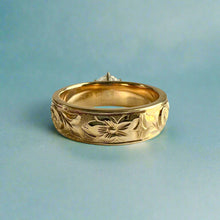 Load image into Gallery viewer, Kaimana Kula Old English & Hibiscus 6mm Solitaire Ring with Cubic Zirconia in 14K Yellow Gold in size 8 1/4