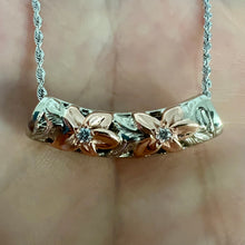 Load image into Gallery viewer, Plumeria Lei Pendant with two flowers and diamonds in white and pink gold
