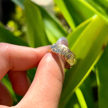 Load image into Gallery viewer, Scalloped Old English with Turtle & Hibiscus 8mm Ring in 14K Yellow Gold in size 7