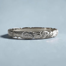 Load image into Gallery viewer, Scalloped Old English & Hibiscus 8mm Bangle Bracelet in 18K White Gold in size 6 1/2