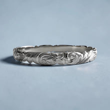 Load image into Gallery viewer, Scalloped Old English & Hibiscus 8mm Bangle Bracelet in 18K White Gold in size 6 1/2