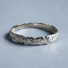 Load image into Gallery viewer, Scalloped Old English & Hibiscus 8mm Bangle Bracelet in 18K White Gold in size 6 1/2