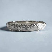 Load image into Gallery viewer, Scalloped Old English & Hibiscus 8mm Bangle Bracelet in 18K White Gold in size 6 1/2