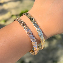 Load image into Gallery viewer, Scalloped Old English & Hibiscus 8mm Bangle Bracelet in 14K Yellow and Pink Gold