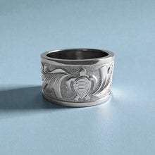Load image into Gallery viewer, Raised Turtle with Old English 12mm Ring in 14K White Gold in size 7