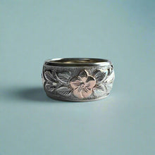 Load image into Gallery viewer, Raised Two-Tone Maile and Plumeria with Leaves 10mm "Kuuipo" Ring in 14K White & Pink Gold