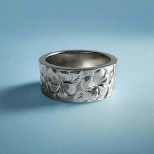 Load image into Gallery viewer, Plumeria with Leaves All Around 8mm Hawaiian Flat Ring in 14K White Gold in size 6 1/4