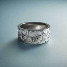 Load image into Gallery viewer, Plumeria with Leaves All Around 8mm Hawaiian Flat Ring in 14K White Gold in size 6 1/4