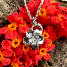 Load image into Gallery viewer, Hawaiian Plumeria with Leaf Pendant in 14K White gold on a chain
