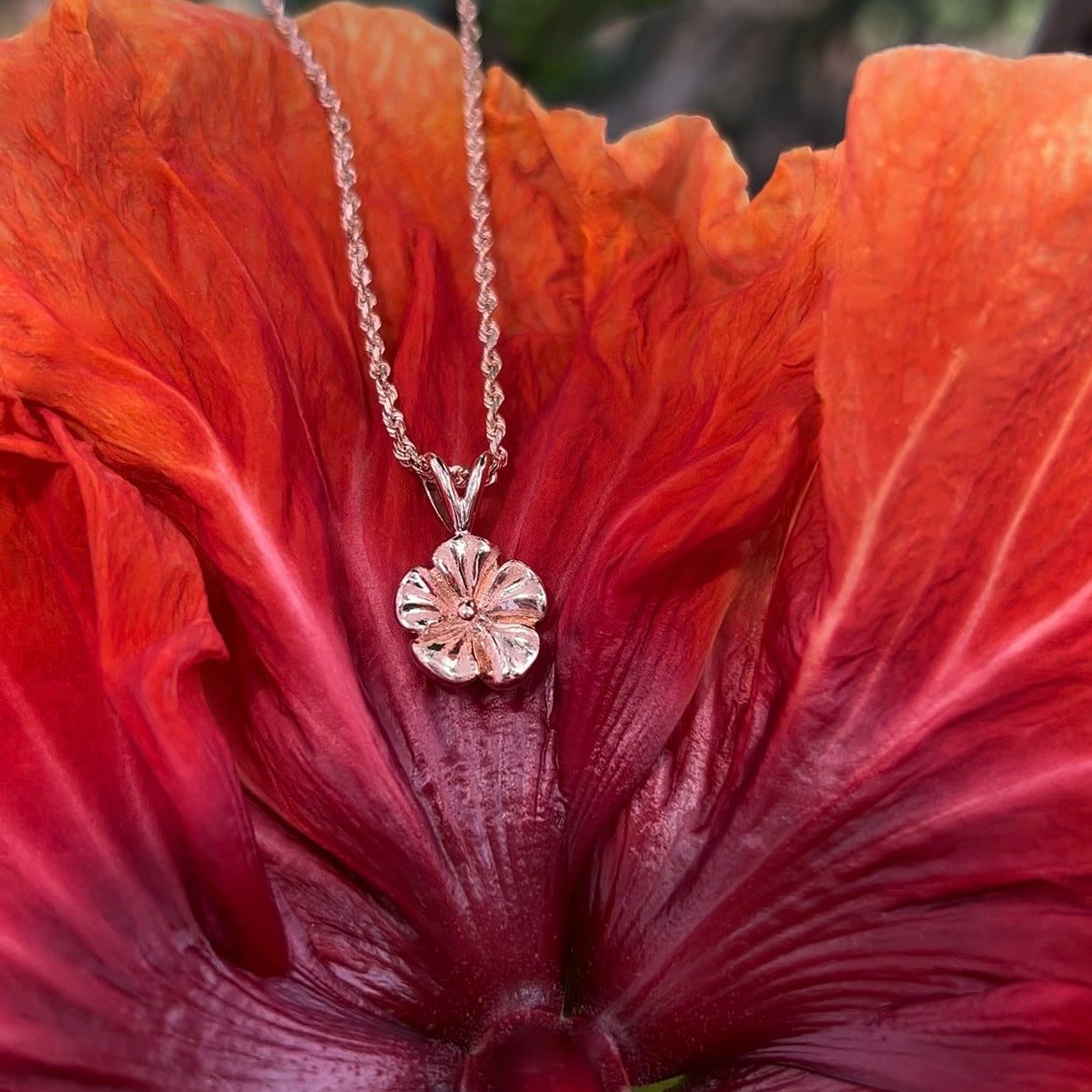 Stunning 15mm 925 Sterling Silver Rose Gold Plated Hawaiian Hibiscus Flower Pendant