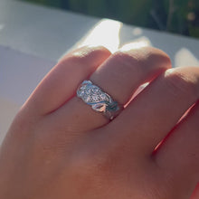 Load and play video in Gallery viewer, Hawaiian 8mm Ring Shiny Maile & Double Row Of Diamonds in 14K White Gold