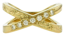 Load image into Gallery viewer, Gold criss cross ring with diamonds and engraving

