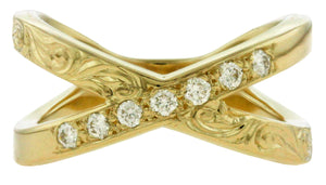 Gold criss cross ring with diamonds and engraving