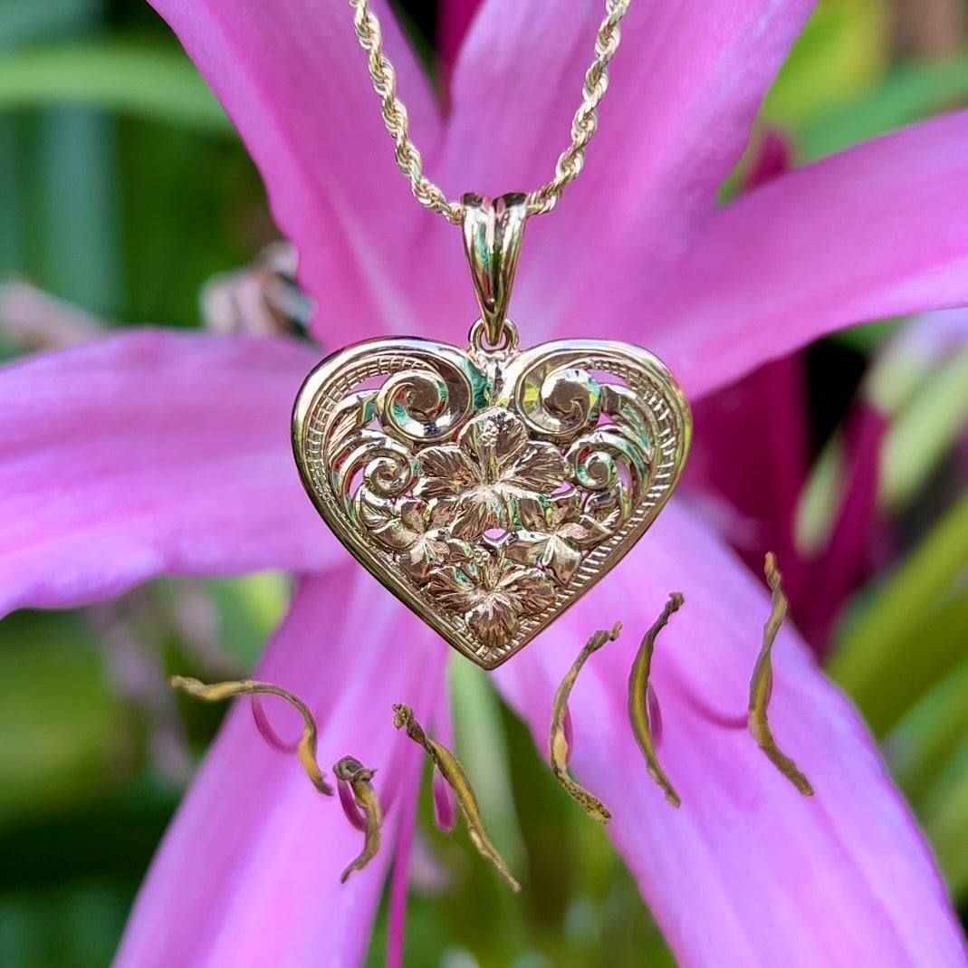 Large Filigree Hawaiian Heart Pendant w/ Flowers in 14K Pink Gold