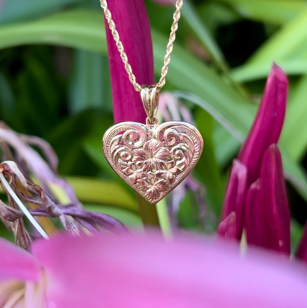 Large Filigree Hawaiian Heart Pendant w/Flowers in 14K Pink Gold