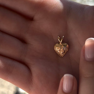 Hawaiian engraved gold puff heart pendant with plumeria flower
