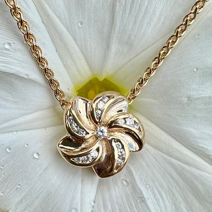 Hawaiian Plumeria Slider Necklace with Diamonds in 14K Yellow Gold
