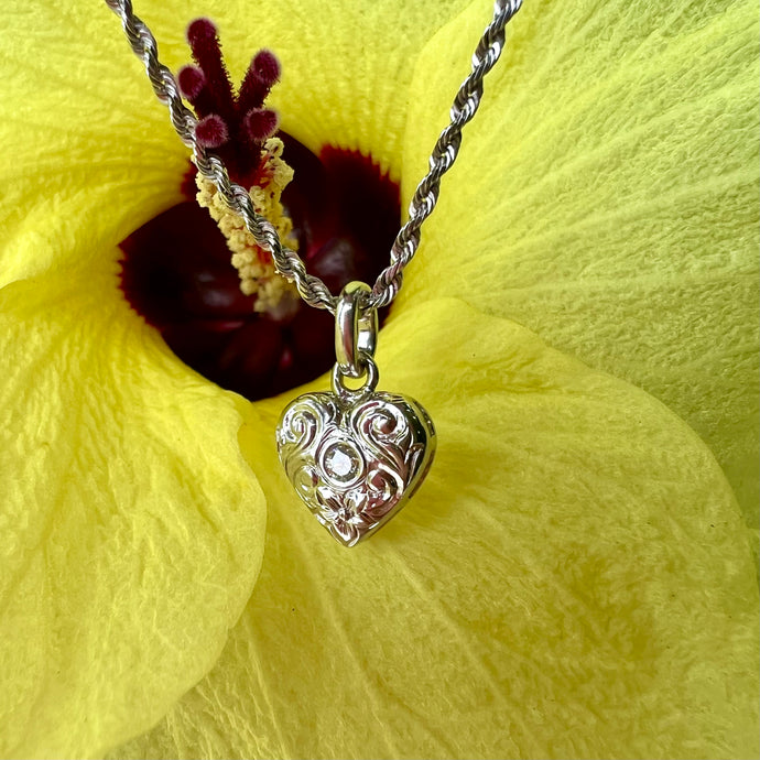 Small Heart Pendant with Hibiscus Flower and Scrolls with Diamond in 14K White Gold