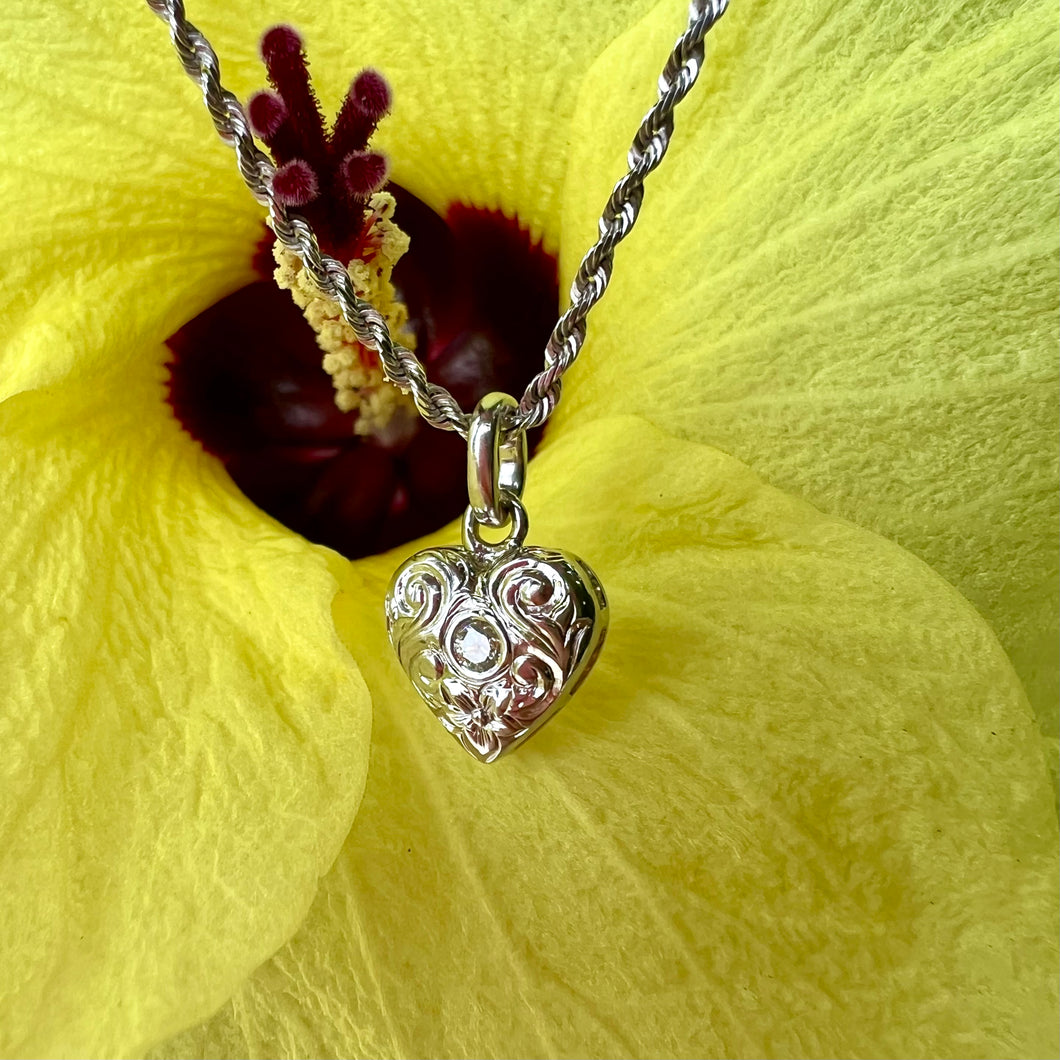 Small Heart Pendant w/ Hibiscus Flower and Scrolls with 0.05ct Diamond in 14K White Gold