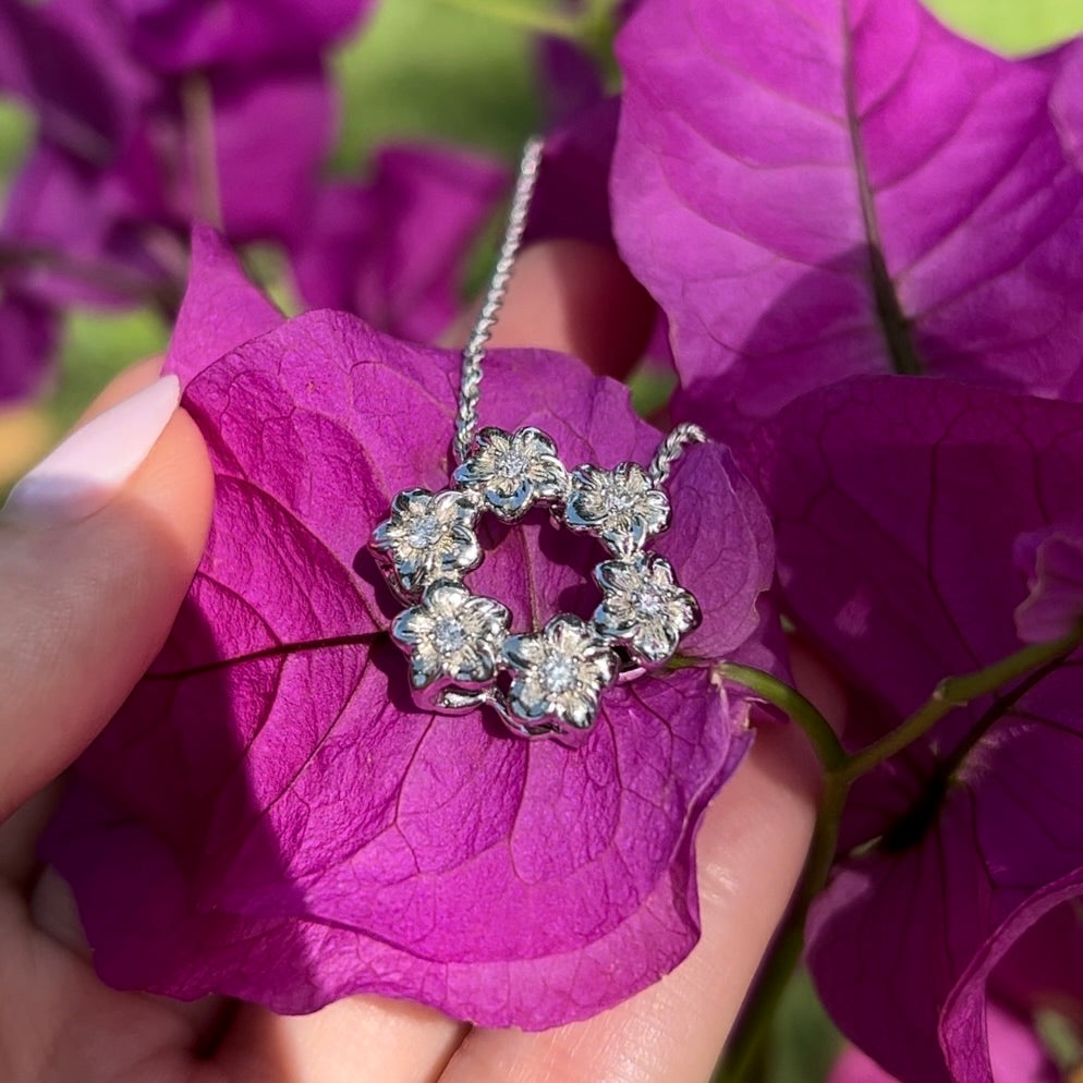 Plumeria Wreath Slider Pendant w/ 0.30ctw Diamonds in 14K White Gold