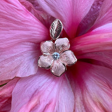 Load image into Gallery viewer, Small Hawaiian Plumeria Pendant w/ 0.12 ct. Diamond &amp; Leaf Bail in 14K Yellow or Pink Gold
