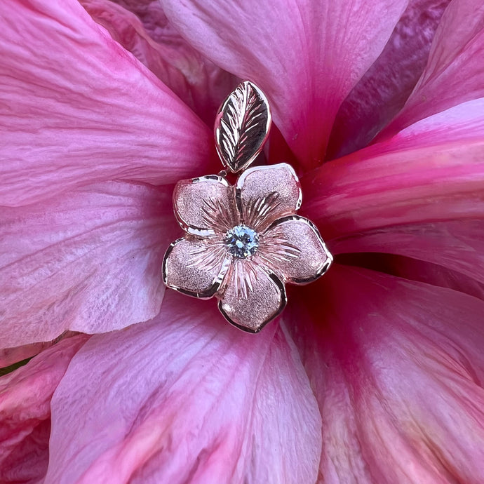 Small Hawaiian Plumeria Pendant with Diamond & Leaf Bail in 14K Gold