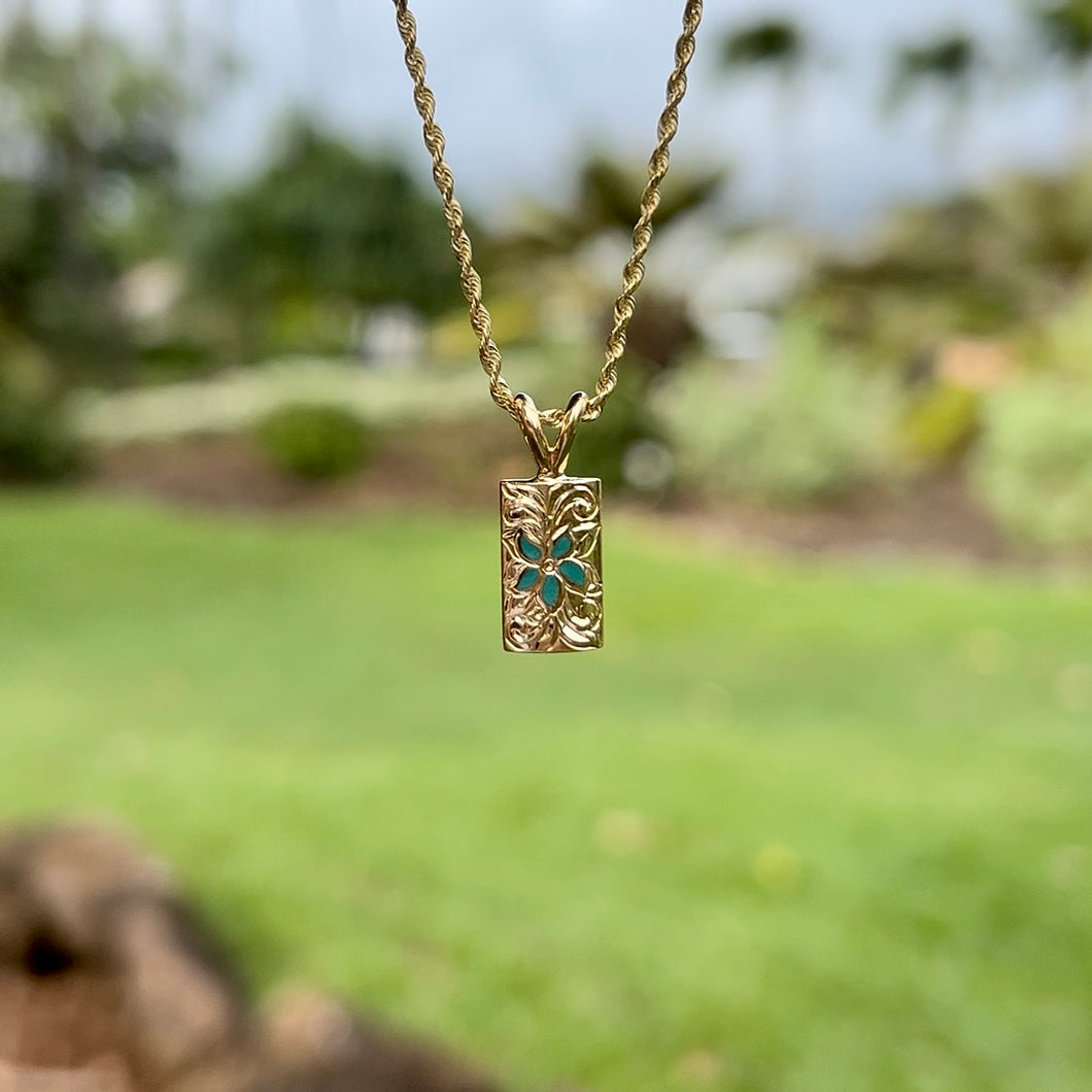 Hawaiian Puanani Pendant in 14K Yellow Gold with Green, White, Cobalt Blue or Marigold Enamel Flower