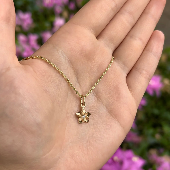 Hawaiian Plumeria Flower Pendant with Diamond in 14K Yellow Gold