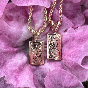 Hibiscus & Old English Scroll Pendant in 14K Yellow or Pink Gold