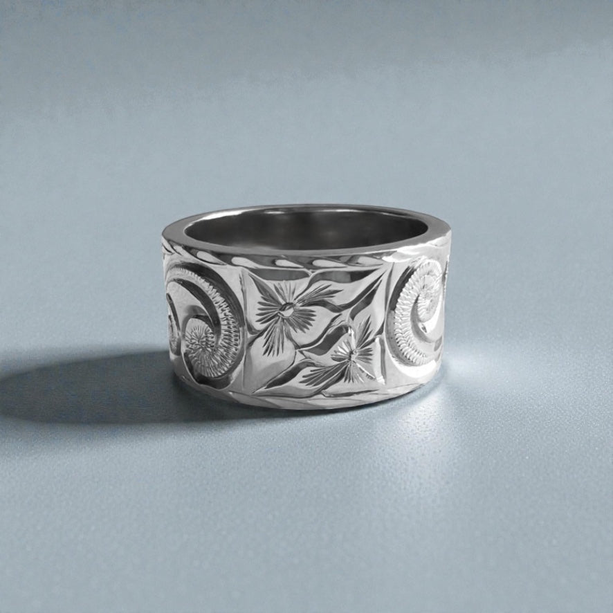 Hibiscus Kiss Design with Old English 10mm Flat Ring in 14K White Gold