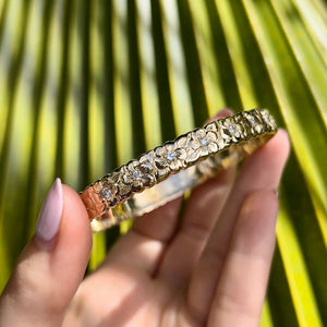8mm Plumeria w/ Leaf & Diamonds Hawaiian Bangle Bracelet in 14K Yellow Gold