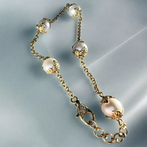 Gold Monstera Pearl Bracelet with diamond clasp