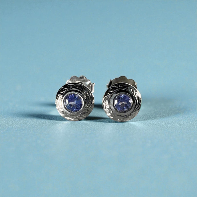 Hawaiian Round Tanzanite Stud Earrings in 14K White Gold