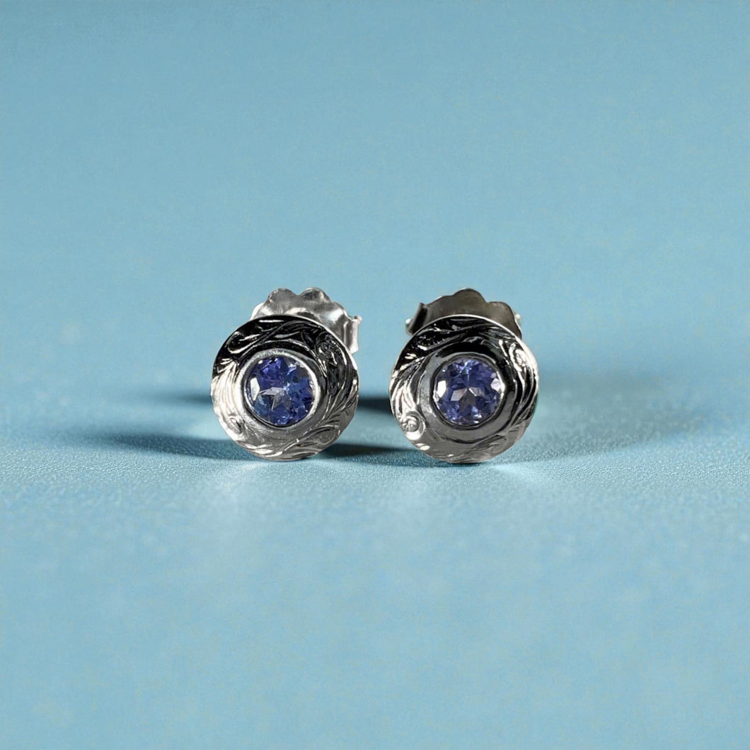 Hawaiian Round Tanzanite Stud Earrings in 14K White Gold