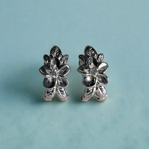 Plumeria with Leaves French Clip Diamond Earrings in 14K White Gold