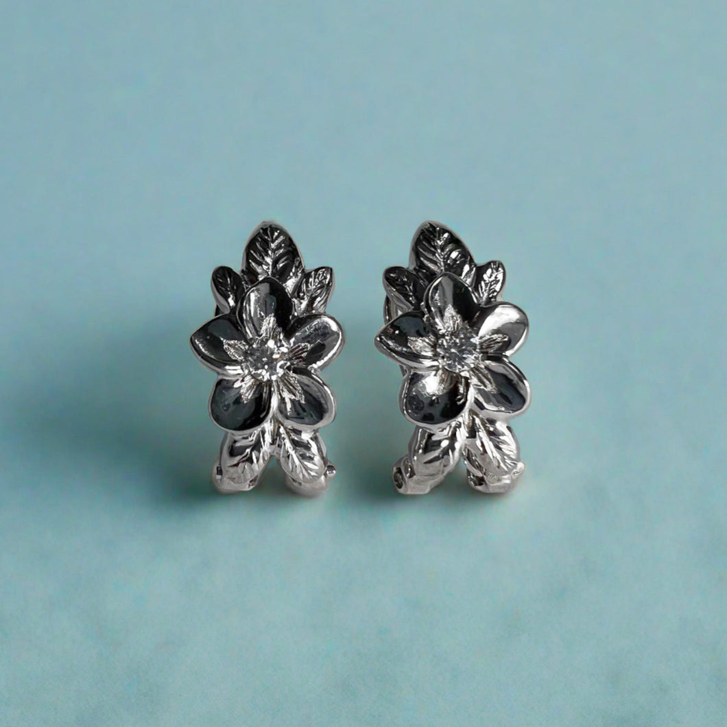 Plumeria with Leaves French Clip Diamond Earrings in 14K White Gold