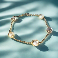 Load image into Gallery viewer, Monstera Cap Freshwater Pearls Bracelet / Anklet with Diamond Clasp in 14K Yellow

