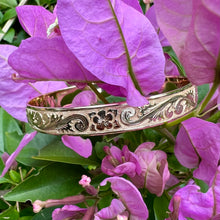 Load image into Gallery viewer, Raised Old English &amp; Plumeria flower design on Hawaiian Bracelet
