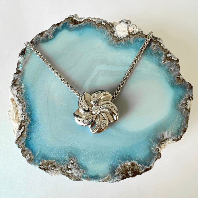 Hawaiian Plumeria Slider Necklace with Diamonds in 14K White Gold