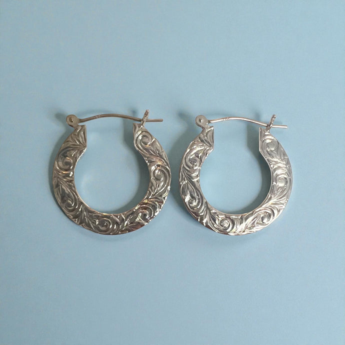 Flat Hoop Earrings with Old English design in 14K White Gold