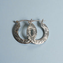 Load image into Gallery viewer, Flat Hoop Earrings with Old English design in 14K White Gold
