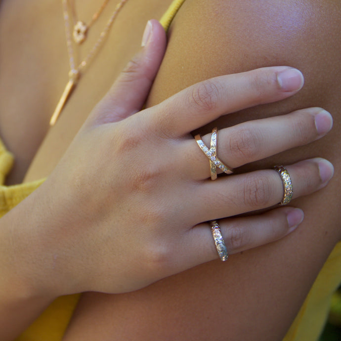 4mm Gold Hawaiian Rings with  Pink Gold Plumeria Flowers