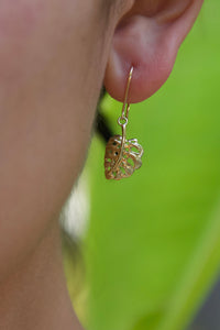 Monstera Leaf Dangle Earrings in 14K Yellow, White, Pink or Green Gold