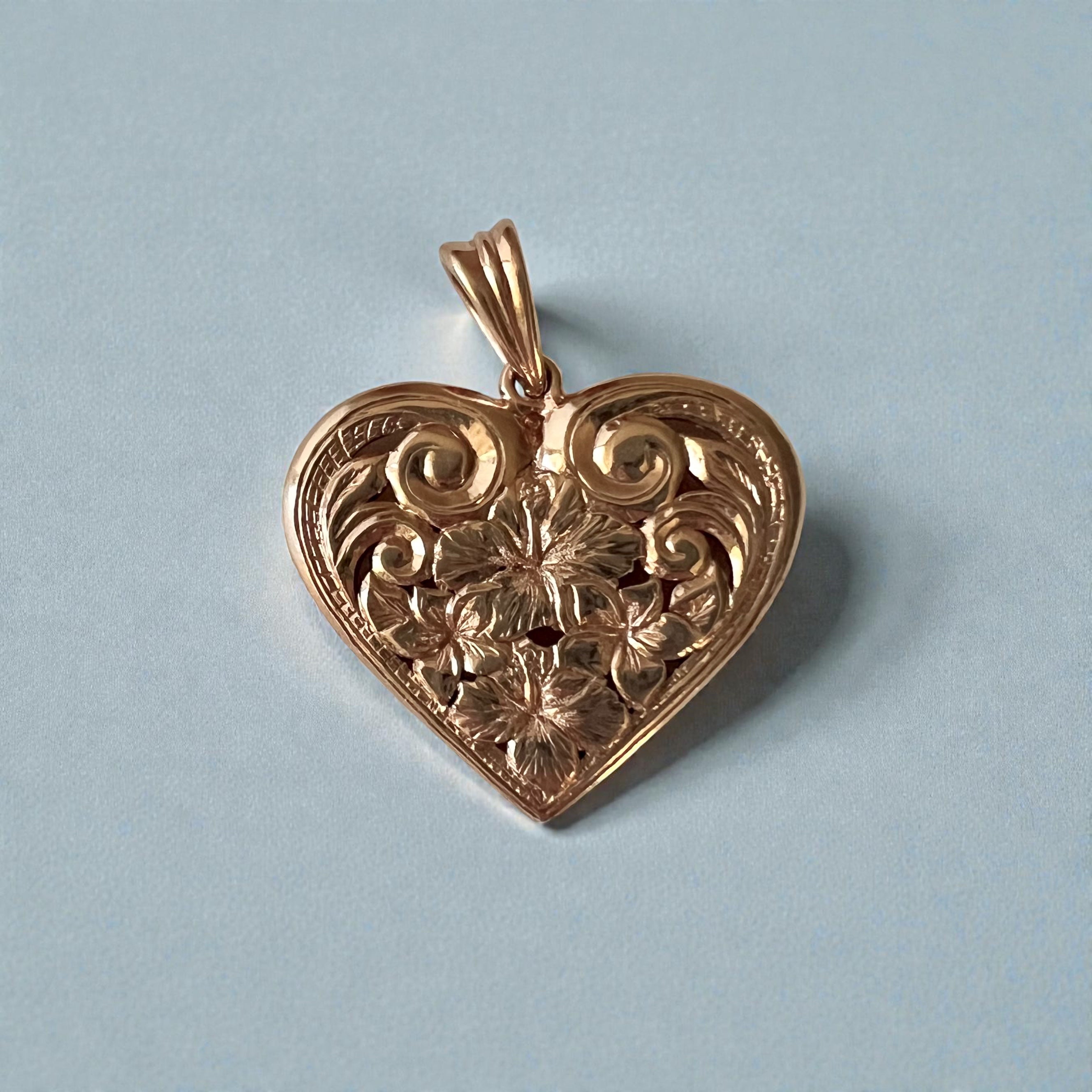 Large Filigree Hawaiian Heart Pendant w/ Flowers in 14K Pink Gold