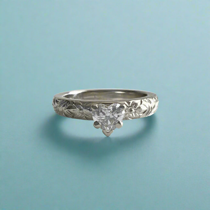 Kaimana Kula Old English & Hibiscus 3mm Solitaire with Heart Diamond in 14K White Gold in size 4