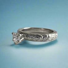Load image into Gallery viewer, Kaimana Kula Old English &amp; Hibiscus 3mm Solitaire with Heart Diamond in 14K White Gold in size 4

